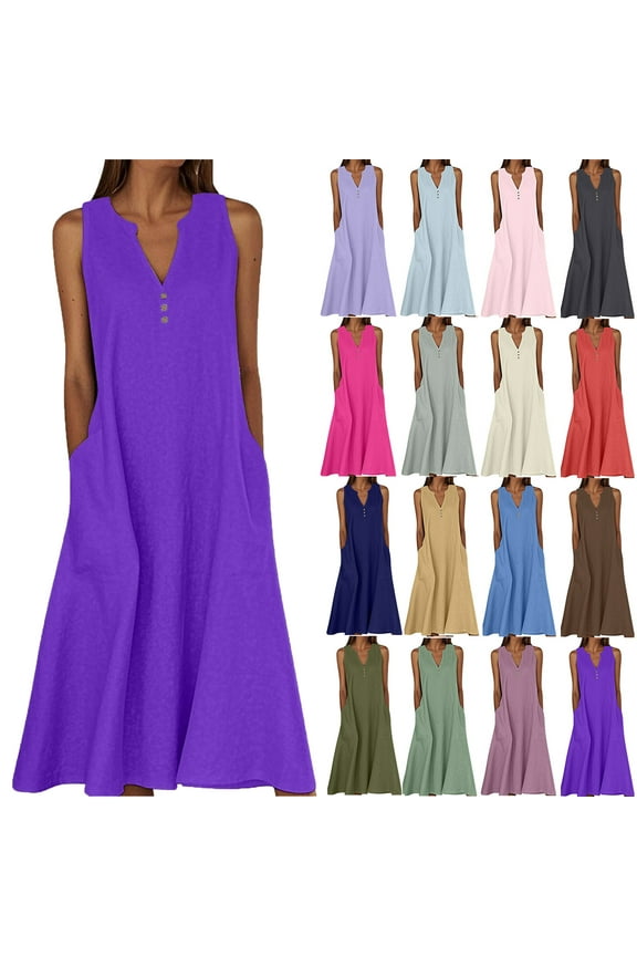Women's V-Neck Maxi Dresses Summer Dress with Sleeveless Printing Sundress Long Casual Beach Dress with Pockets Vacation Party Club Plus Size S-XXL