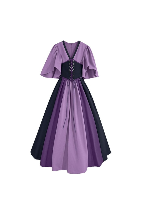 Women's V-Neck Medieval Renaissance Dress with Crisscross Corset Lace-up Design Halloween Retro Party Over Dress, Purple M