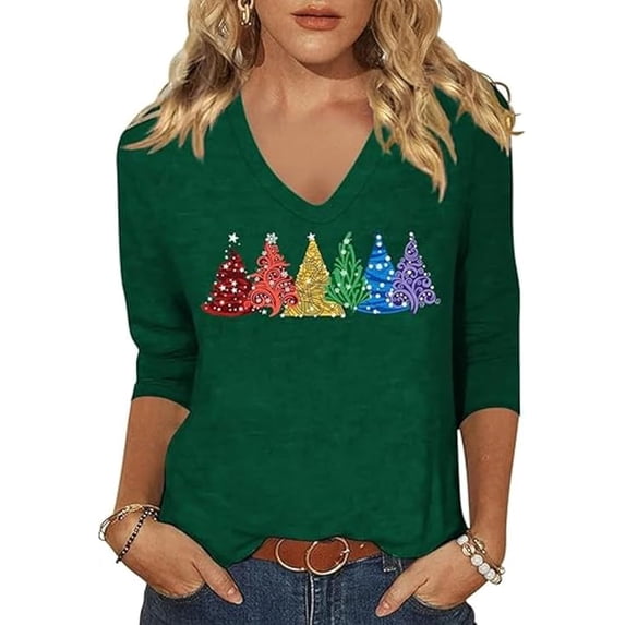 Women's V-Neck Merry Christmas T-Shirt Winter 3/4 Sleeve Merry And Bright Christmas Tree Snowflake Snowman Graphic Tees Tops Medium