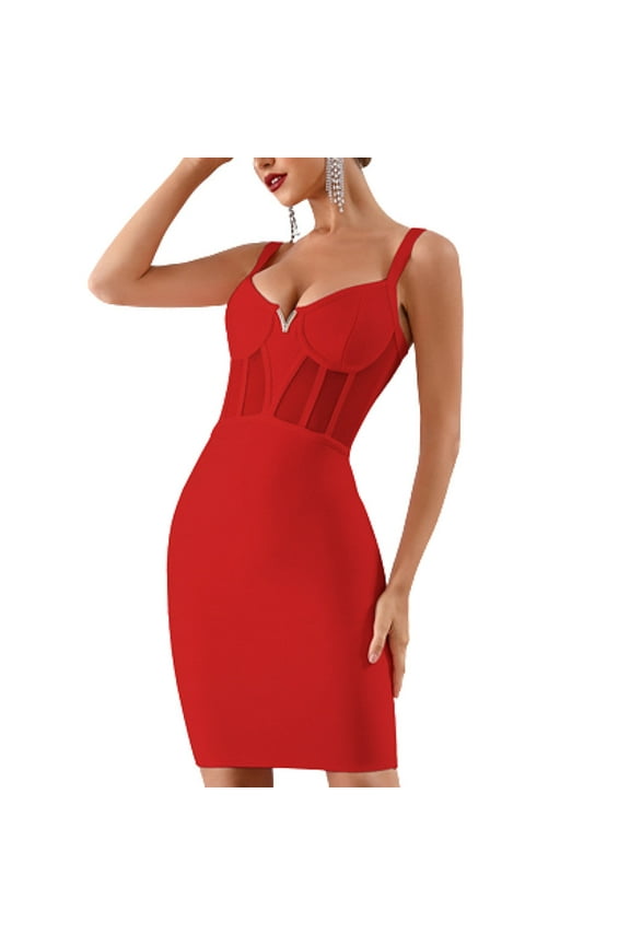 Women's V-Neck Meshed Upper Elegant Celebrity Style Wide Strap Thick Red Bandage Dress S