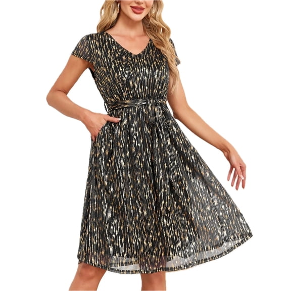 Women's V Neck Metallic Print Dress with Polyester % Lined Fabric for Party Wear Belted Sparkle Look and Care Guide