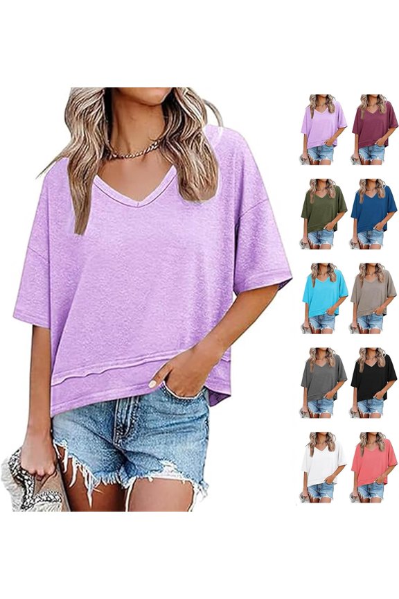 Women's V-Neck Mid-Length Sleeve Spliced Hem Basic Top, Summer Half Sleeve Loose Cropped V Neck T Shirts