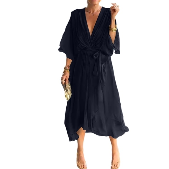 Women’s V Neck Midi Dress with Kimono Sleeves and Waist Tie Loose Fit Lightweight Flowy Casual Style for Daily Wear Black L