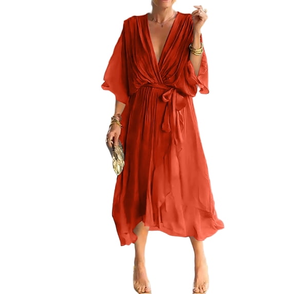 Women’s V Neck Midi Dress with Kimono Sleeves and Waist Tie Loose Fit Lightweight Flowy Casual Style for Daily Wear Saffron L