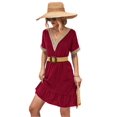thumbnail image 1 of Women's V Neck Mini Dress with Swiss Dot and Ruffle Neckline Short Sleeves A Line Hem 95% Polyester 5% Spandex, 1 of 12