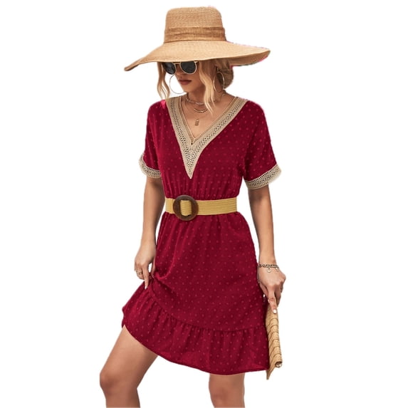 Women's V Neck Mini Dress with Swiss Dot and Ruffle Neckline Short Sleeves A Line Hem 95% Polyester 5% Spandex