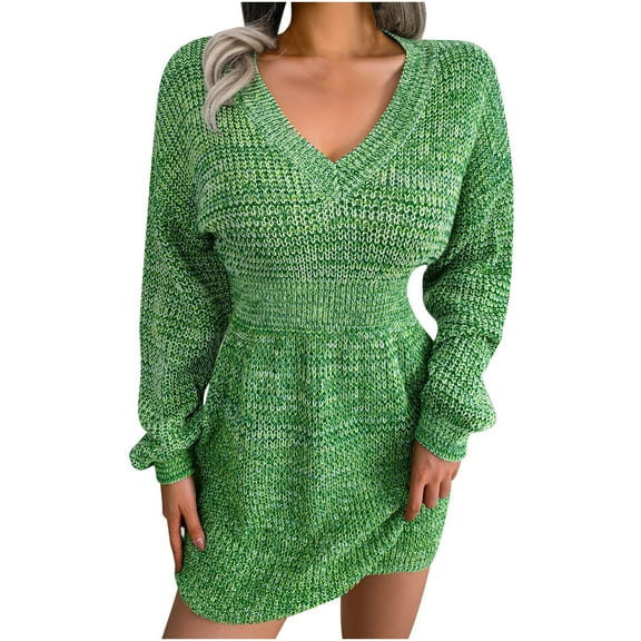 Women's V Neck Mini Sweater Dress Knit Stretch Elasticity Lantern Long Sleeve Dress Casual Winter Fall Short Dress