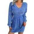 thumbnail image 1 of Women's V Neck Mini Sweater Dress Knit Stretch Elasticity Lantern Long Sleeve Dress Casual Winter Fall Short Dress, 1 of 8
