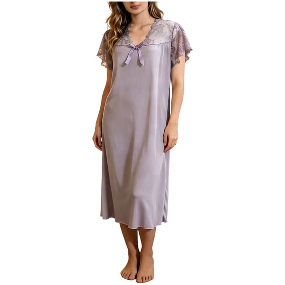 Women’s V-Neck Nightgown Long Silhouette Silky Sleep Dress Lace Cap Sleeves Sleepwear Lounge Dress