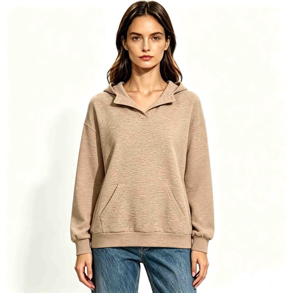 Women's V Neck Notch Collar Pullover Hoodie, Fleece Oversized Hooded Sweatshirt with Kangaroo Pocket, Women's Plus, Size S-3XL