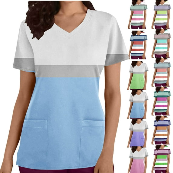 Women’s V-Neck Nurse Uniform Blouse - Short-Sleeve Button-Front Scrub Top for Medical, Nursing, Clinic, Healthcare, Hospital, Caregiver /Clinic Staff | Multi-Size Multi-Pocket Work Uniform