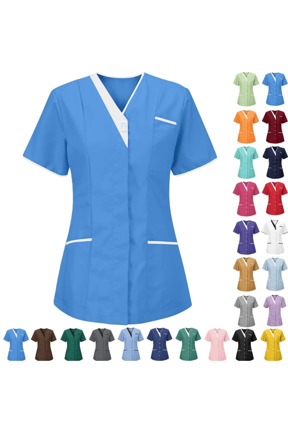 Women’s V-Neck Nurse Uniform Blouse - Short-Sleeve Button-Front Scrub Top for Medical, Nursing, Clinic, Healthcare, Hospital, Caregiver /Clinic Staff | Multi-Size Multi-Pocket Work Uniform