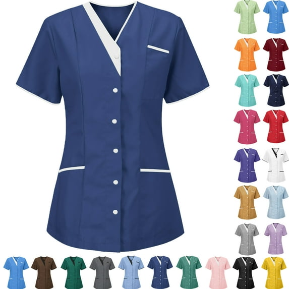 Women’s V-Neck Nurse Uniform Blouse - Short-Sleeve Button-Front Scrub Top for Medical, Nursing, Clinic, Healthcare, Hospital, Caregiver /Clinic Staff | Multi-Size Multi-Pocket Work Uniform
