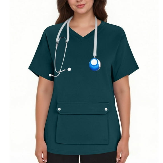 Women’s V-Neck Nurse Uniform Blouse - Short-Sleeve Button-Front Scrub Top for Medical, Nursing, Clinic, Healthcare, Hospital, Caregiver /Clinic Staff | Multi-Size Multi-Pocket Work Uniform