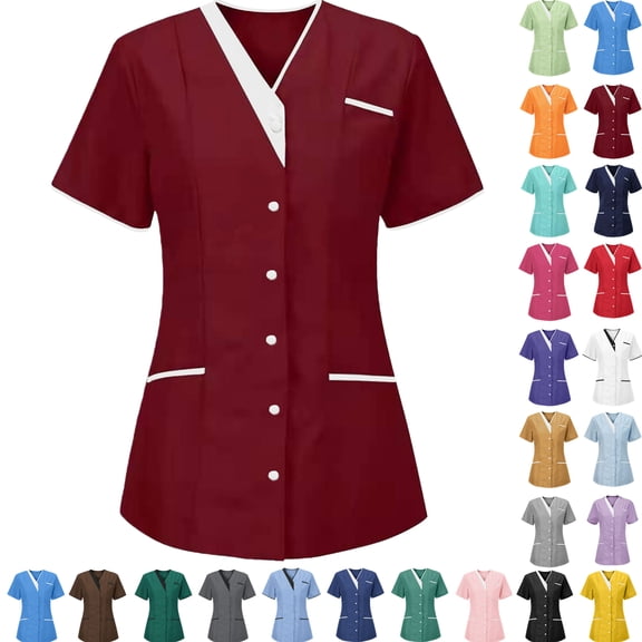 Women’s V-Neck Nurse Uniform Blouse - Short-Sleeve Button-Front Scrub Top for Medical, Nursing, Clinic, Healthcare, Hospital, Caregiver /Clinic Staff | Multi-Size Multi-Pocket Work Uniform