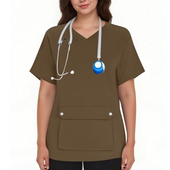 Women’s V-Neck Nurse Uniform Blouse - Short-Sleeve Button-Front Scrub Top for Medical, Nursing, Clinic, Healthcare, Hospital, Caregiver /Clinic Staff | Multi-Size Multi-Pocket Work Uniform