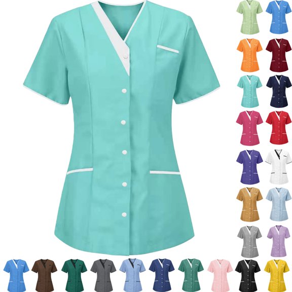 Women’s V-Neck Nurse Uniform Blouse - Short-Sleeve Button-Front Scrub Top for Medical, Nursing, Clinic, Healthcare, Hospital, Caregiver /Clinic Staff | Multi-Size Multi-Pocket Work Uniform