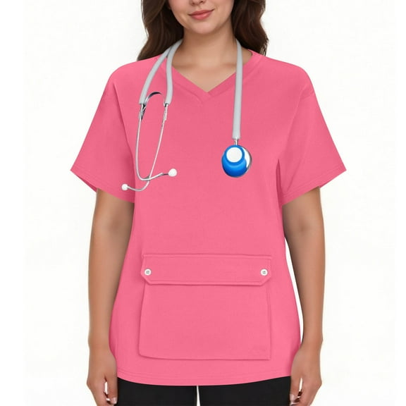 Women’s V-Neck Nurse Uniform Blouse - Short-Sleeve Button-Front Scrub Top for Medical, Nursing, Clinic, Healthcare, Hospital, Caregiver /Clinic Staff | Multi-Size Multi-Pocket Work Uniform