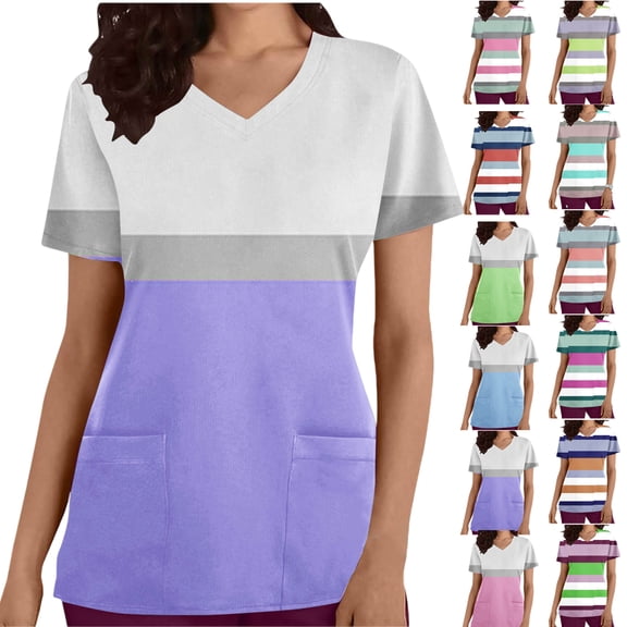 Women’s V-Neck Nurse Uniform Blouse - Short-Sleeve Button-Front Scrub Top for Medical, Nursing, Clinic, Healthcare, Hospital, Caregiver /Clinic Staff | Multi-Size Multi-Pocket Work Uniform