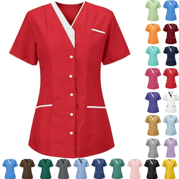 Women’s V-Neck Nurse Uniform Blouse - Short-Sleeve Button-Front Scrub Top for Medical, Nursing, Clinic, Healthcare, Hospital, Caregiver /Clinic Staff | Multi-Size Multi-Pocket Work Uniform