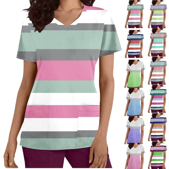 Women’s V-Neck Nurse Uniform Blouse - Short-Sleeve Button-Front Scrub Top for Medical, Nursing, Clinic, Healthcare, Hospital, Caregiver /Clinic Staff | Multi-Size Multi-Pocket Work Uniform