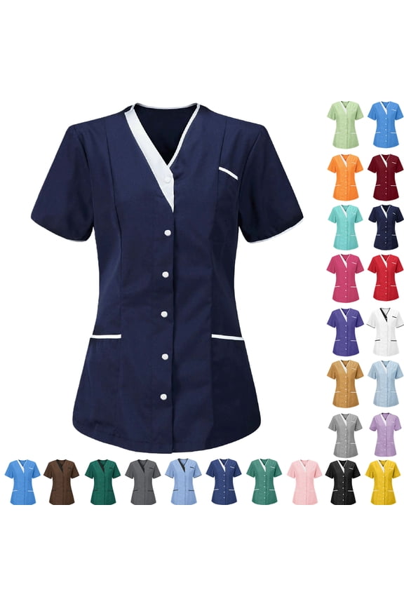 Women’s V-Neck Nurse Uniform Blouse - Short-Sleeve Button-Front Scrub Top for Medical, Nursing, Clinic, Healthcare, Hospital, Caregiver /Clinic Staff | Multi-Size Multi-Pocket Work Uniform