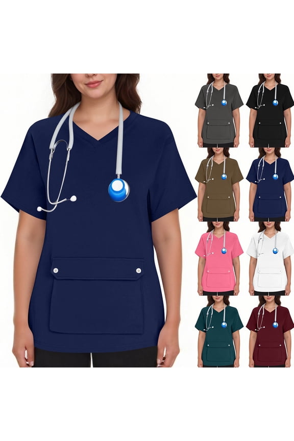 Women’s V-Neck Nurse Uniform Blouse - Short-Sleeve Button-Front Scrub Top for Medical, Nursing, Clinic, Healthcare, Hospital, Caregiver /Clinic Staff | Multi-Size Multi-Pocket Work Uniform