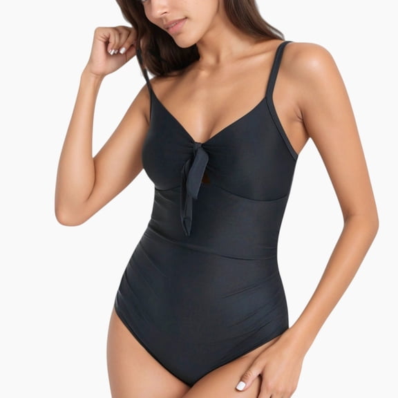 Women's V-Neck One Piece Swimsuit with Front Tie Detail and Subtle Ruching - Large, Black