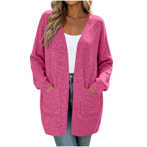 Women's V-Neck Open Front Mid-Length Knit Cardigan Ghalytn Long Sleeve Casual Outerwear with Pockets