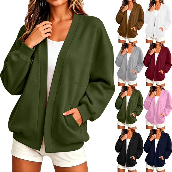 Women's V Neck Open Front No Button Loose Sweatshirt Cardigan,Drop Shoulder Long Sleeve Jacket with Pockets,Green,Women's Plus Size XXL