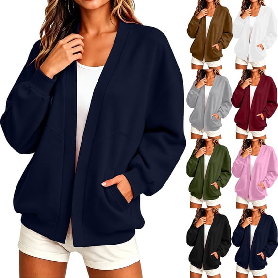 Women's V Neck Open Front No Button Loose Sweatshirt Cardigan,Drop Shoulder Long Sleeve Jacket with Pockets,Navy,Women's Plus Size XL
