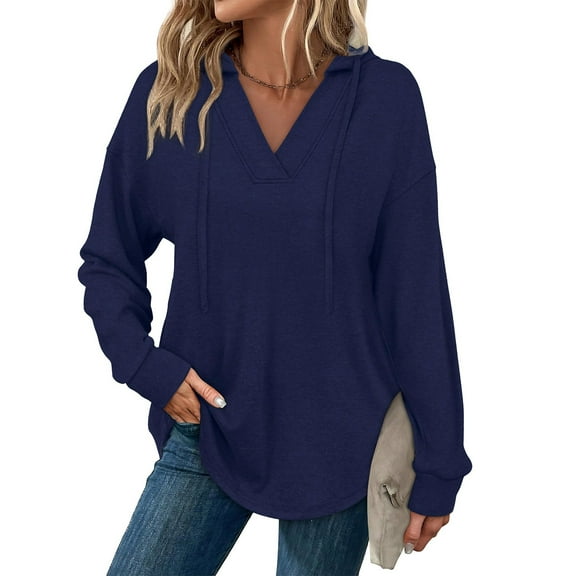 Women’s V Neck Oversized Hoodie Lightweight Long Sleeve Pullover Sweatshirt Trendy Fall Fashion Casual Top Plus Size Available,Blue,S