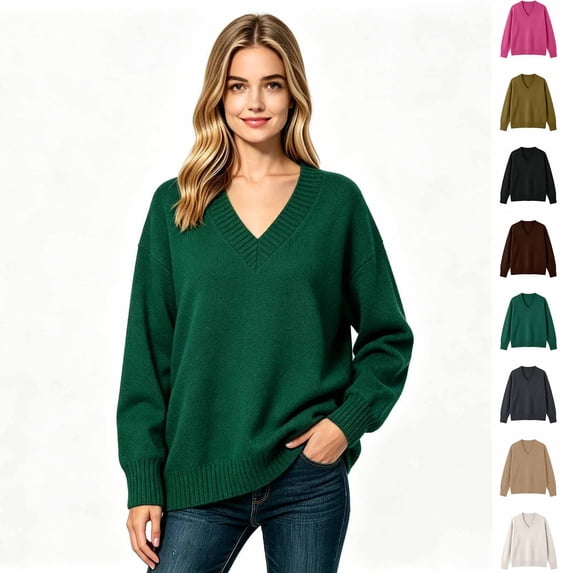 Women’s V Neck Oversized Knit Sweater, Loose Fit PulLover Fall Winter Knit Top,Sizes S-L