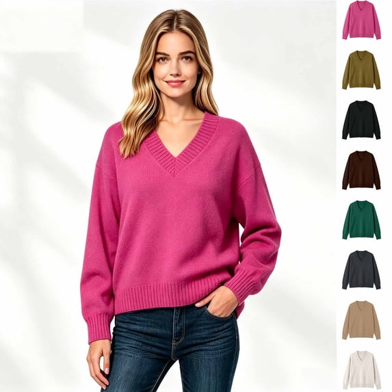 Women’s V Neck Oversized Knit Sweater, Loose Fit PulLover Fall Winter Knit Top,Sizes S-L