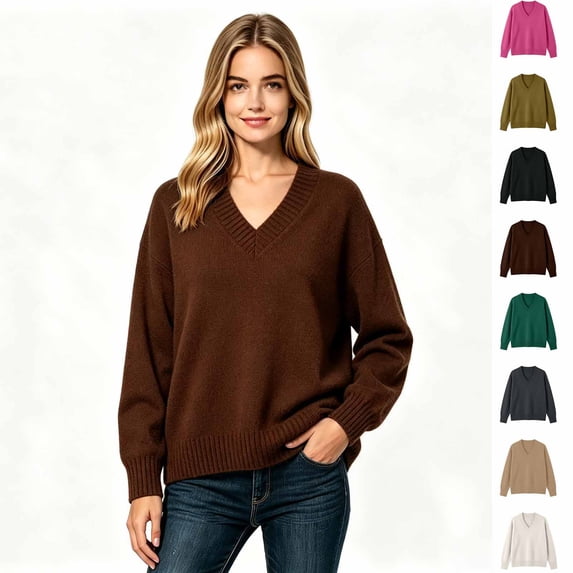 Women’s V Neck Oversized Knit Sweater, Loose Fit PulLover Fall Winter Knit Top,Sizes S-L