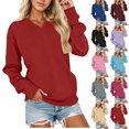 thumbnail image 1 of Women's V Neck Oversized Sweatshirt Solid Color Long Sleeve Casual Pullover Tops Fashion Loose Fit Basic Loungewear Blouse Shirts, 1 of 6