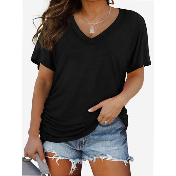Women's V Neck Oversized T-Shirts Summer Short Sleeve Shirts Loose Casual Tops Tee