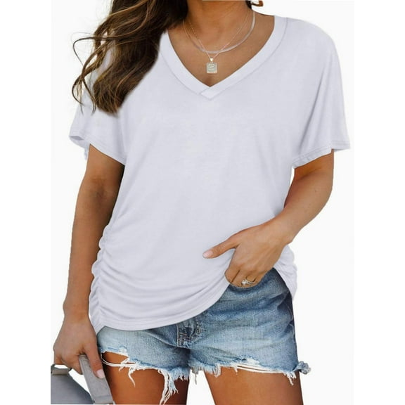 Women's V Neck Oversized T-Shirts Summer Short Sleeve Shirts Loose Casual Tops Tee