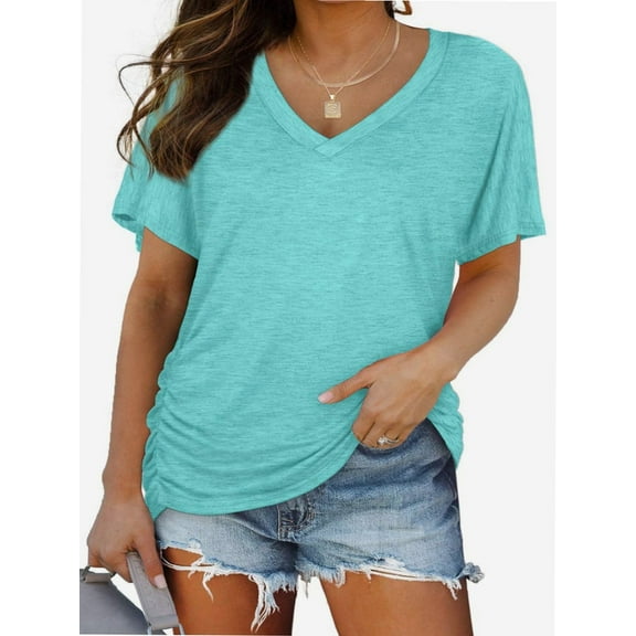 Women's V Neck Oversized T-Shirts Summer Short Sleeve Shirts Loose Casual Tops Tee