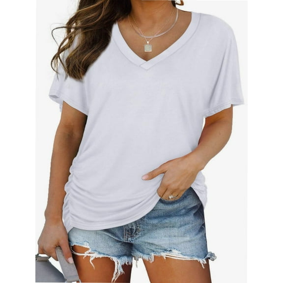 Women's V Neck Oversized T-Shirts Summer Short Sleeve Shirts Loose Casual Tops Tee