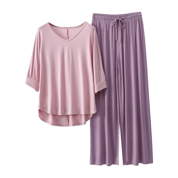 Women's V Neck Pajama Set - 3/4 Sleeve Top & Wide Leg Pants, Solid Color, Lightweight Sleepwear - L/XL Sizes