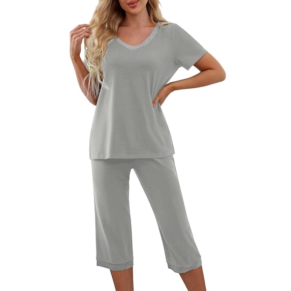 Women's V-Neck Pajama Set, Short Sleeve Top & Long Pants, Spring Summer Casual Sleepwear & Lounge Suit Gray 3XL