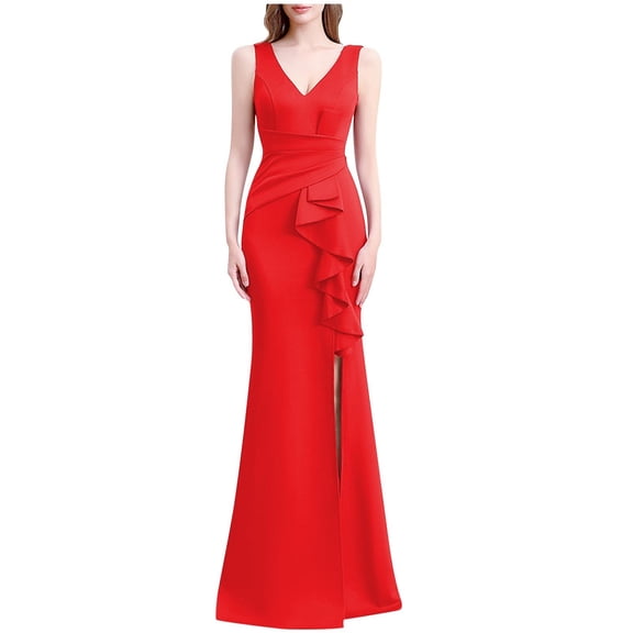 Women's V Neck Party Dress Ruffle Sleeveless High Slit Slimming Zip Up Maxi Dress for Evening Red 2XL