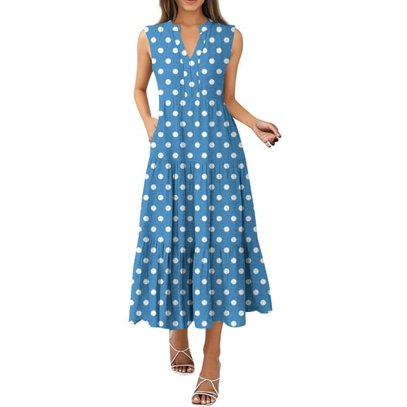 Women's V-Neck Patchwork Print Sleeveless Dress Pleated Skirt Summer Casual Dress with Asymmetric Hem for Art Gallery Visits,Blue M