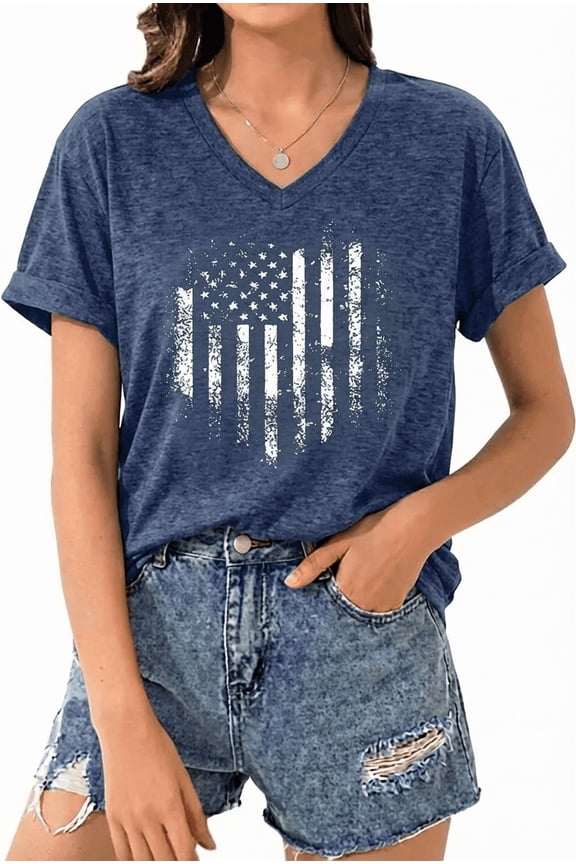 Women's V-Neck Patriotic USA Flag womens graphic t shirts(V4-Blue,L)