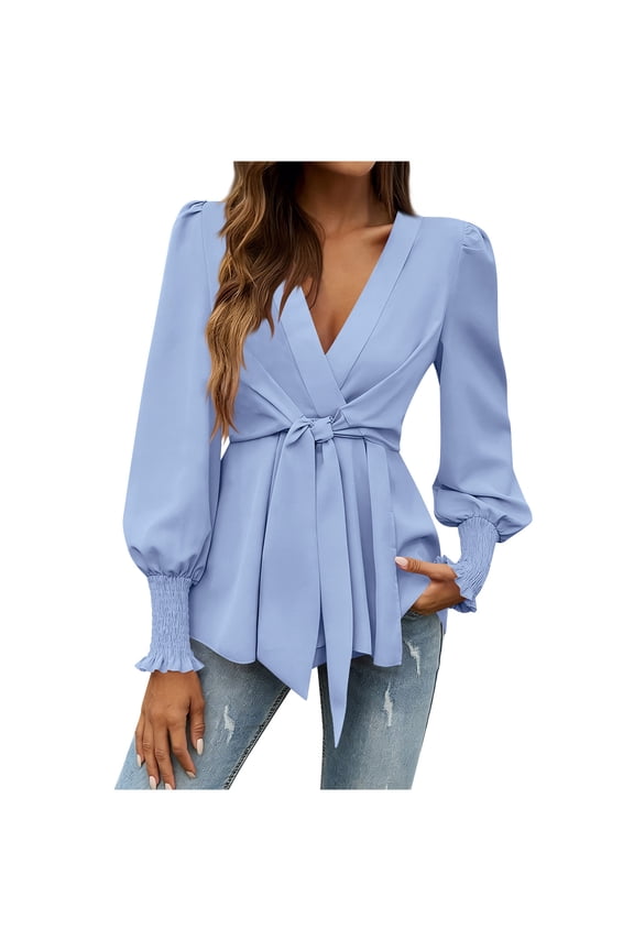 Women's V Neck Peplum Top Smocked Cuffed Lantern Long Sleeve Flowy Tie Front Wrap Babydoll Blouse Work Going Out Tops