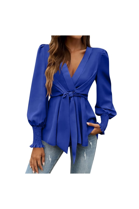 Women's V Neck Peplum Top Smocked Cuffed Lantern Long Sleeve Flowy Tie Front Wrap Babydoll Blouse Work Going Out Tops