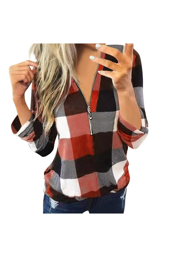 Women’s V-Neck Plaid Shirt , Pullover Zipper Flannel Causal Jackets, Long Sleeves Fall Comfy Blouses