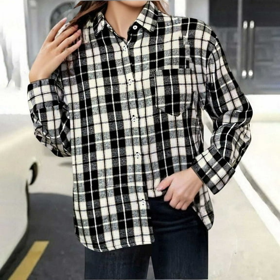 Women's V Neck Plaid Shirts Flannel Casual Blouses Button-Down Business Boho Tops Long Sleeve 2025 Fall Outfits Black L