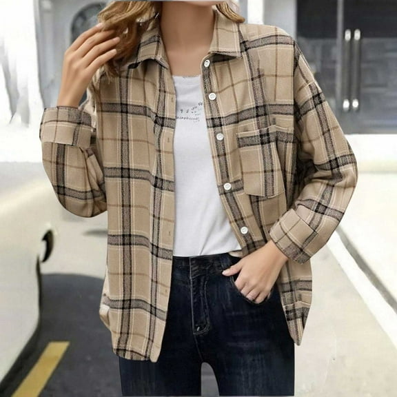 Women's V Neck Plaid Shirts Flannel Casual Blouses Button-Down Business Boho Tops Long Sleeve 2025 Fall Outfits Khaki M